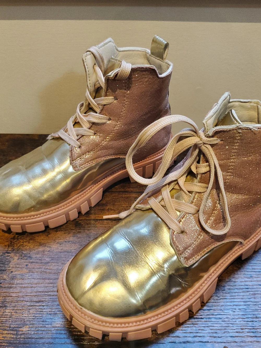 Girls Metallic Gold & Blush Glitter Pink Lace-Up Boots - Picture 2 of 6